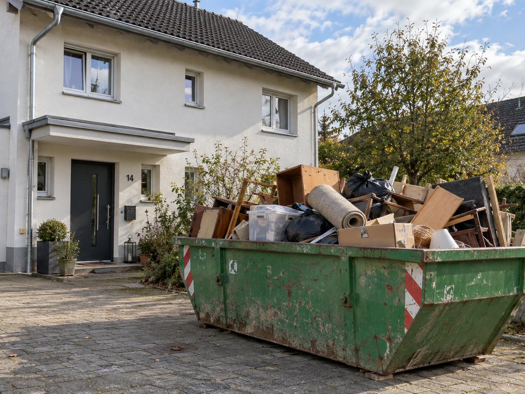 Grüne Mulde voller Möbel, Kartons und Sperrgut vor einem Einfamilienhaus während einer Räumung