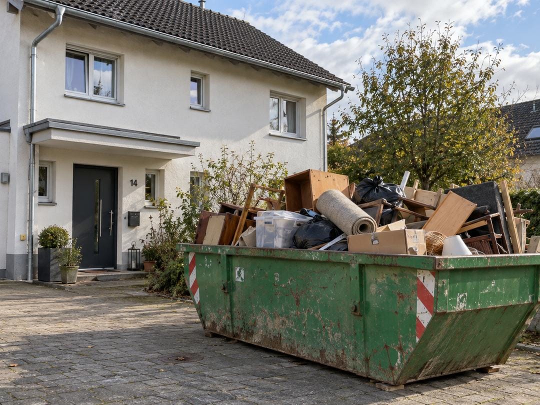 Grüne Mulde voller Möbel, Kartons und Sperrgut vor einem Einfamilienhaus während einer Räumung