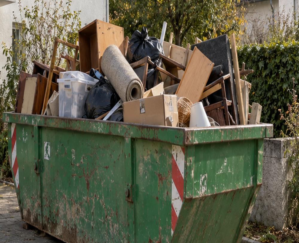 Nahaufnahme einer gefüllten Mulde mit Möbelteilen, Kartons und aufgerolltem Teppich